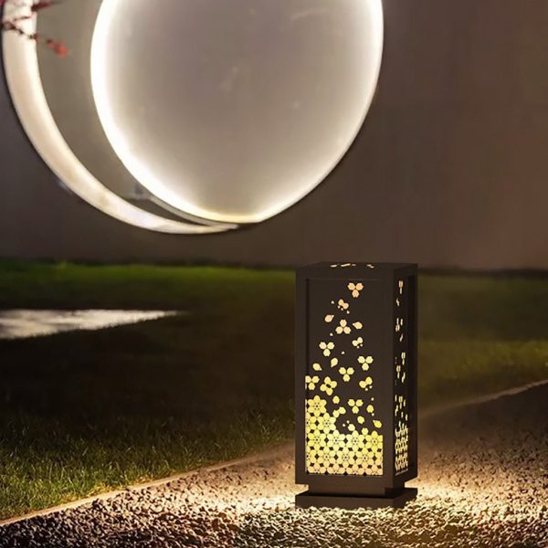BSLANG8350 Rectangular Resin and Steel Garden Light with Carved Floral Lampshade - Image 2