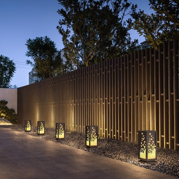 BSLANG8350 Rectangular Resin and Steel Garden Light with Carved Floral Lampshade - Image 4