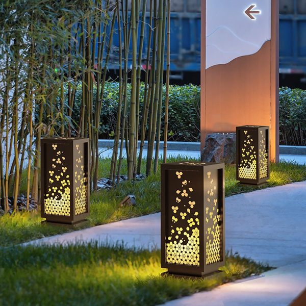 BSLANG8350 Rectangular Resin and Steel Garden Light with Carved Floral Lampshade - Image 3