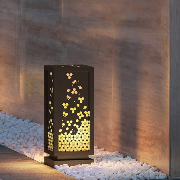 BSLANG8350 Rectangular Resin and Steel Garden Light with Carved Floral Lampshade - Image 5